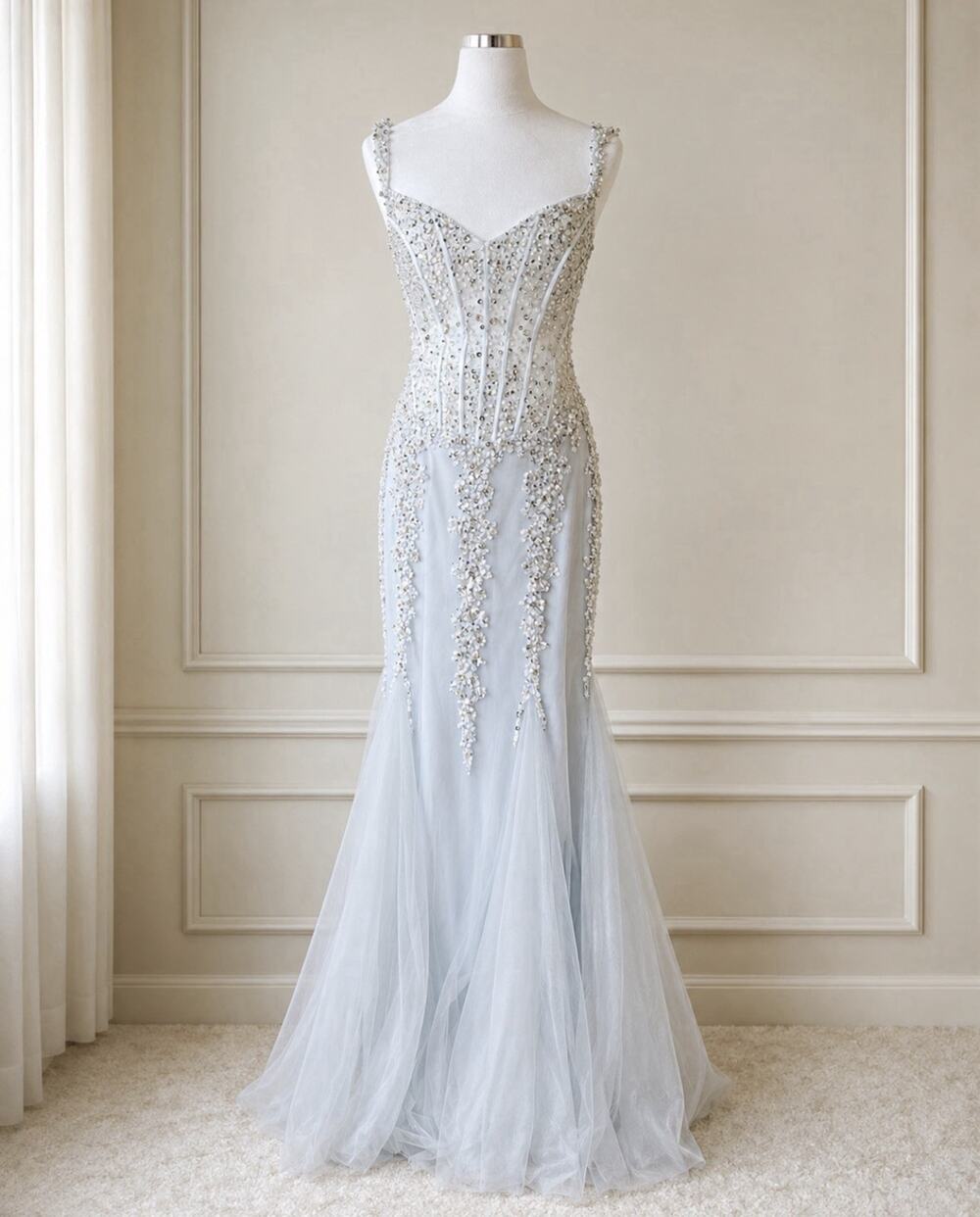 Camille La Vie Light Blue Beaded Mermaid Prom Dress Sheer Corset Gown Sz 12